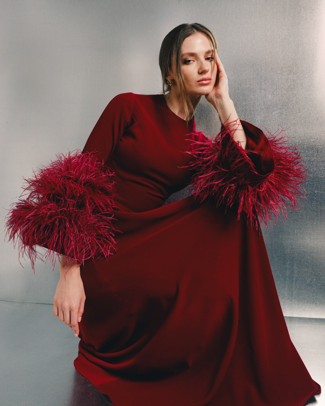 Raya Feather trimmed maxi dress