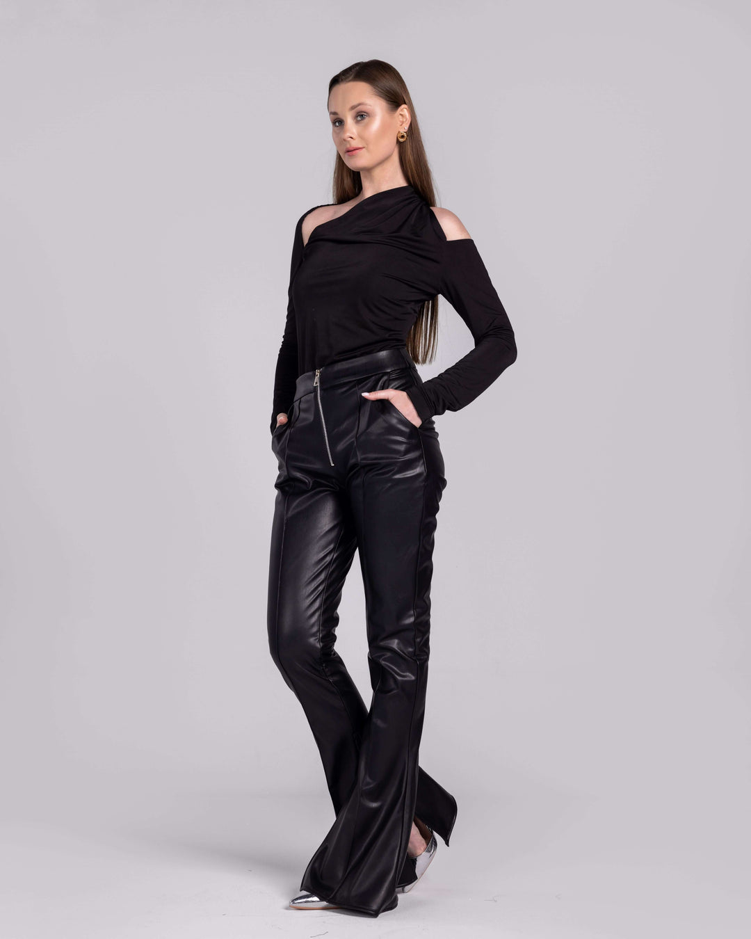 Edgy Elegance Leatherette Flare Pants