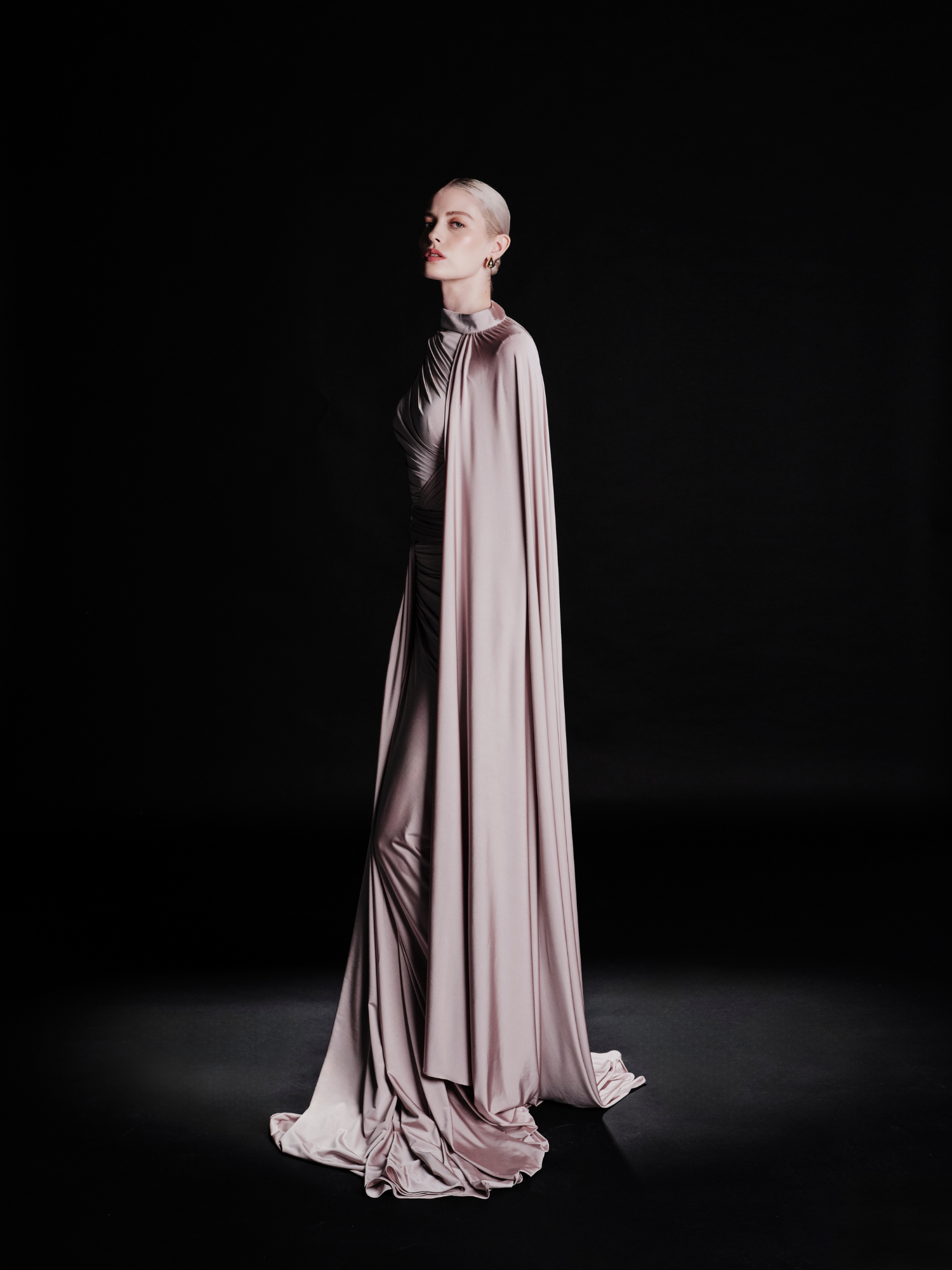 long beige dress with sleeves