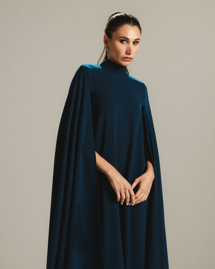 teal cape dress