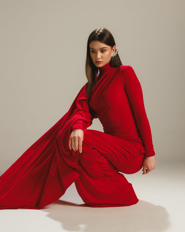 red cape sleeve dress