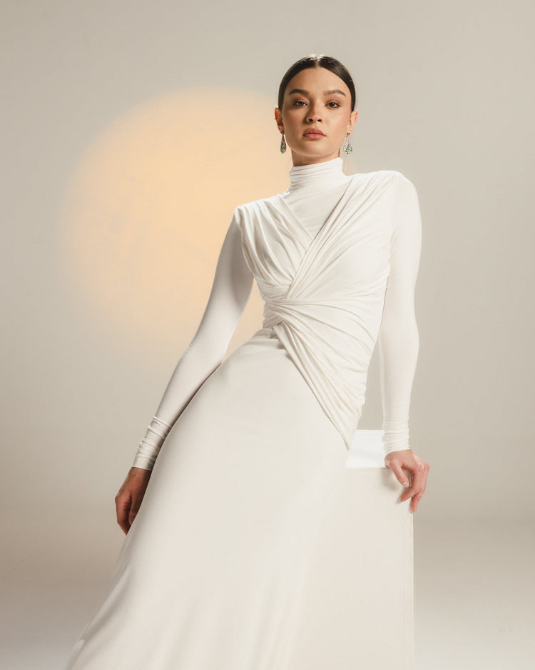 white long sleeve dress maxi