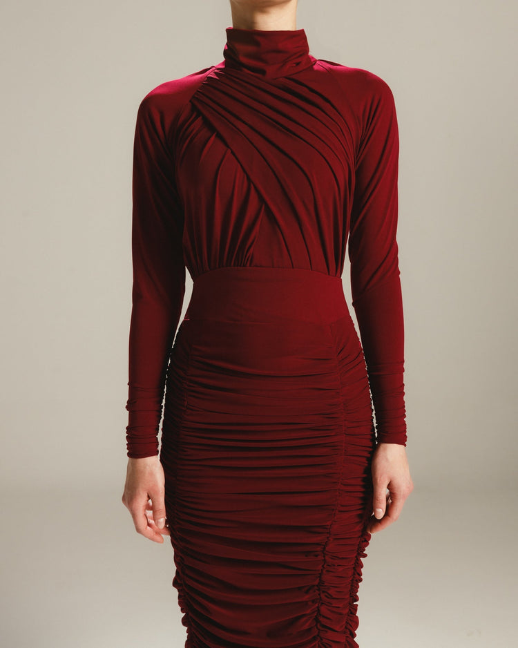 red long sleeve ruched dress