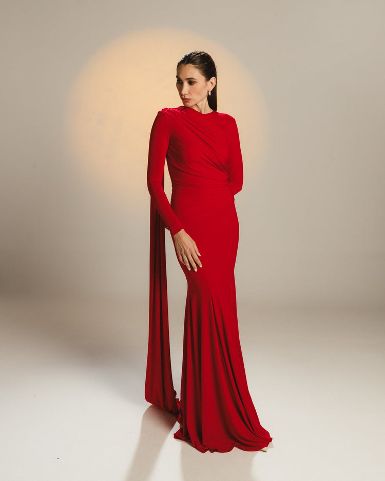 red dress with scarf neck