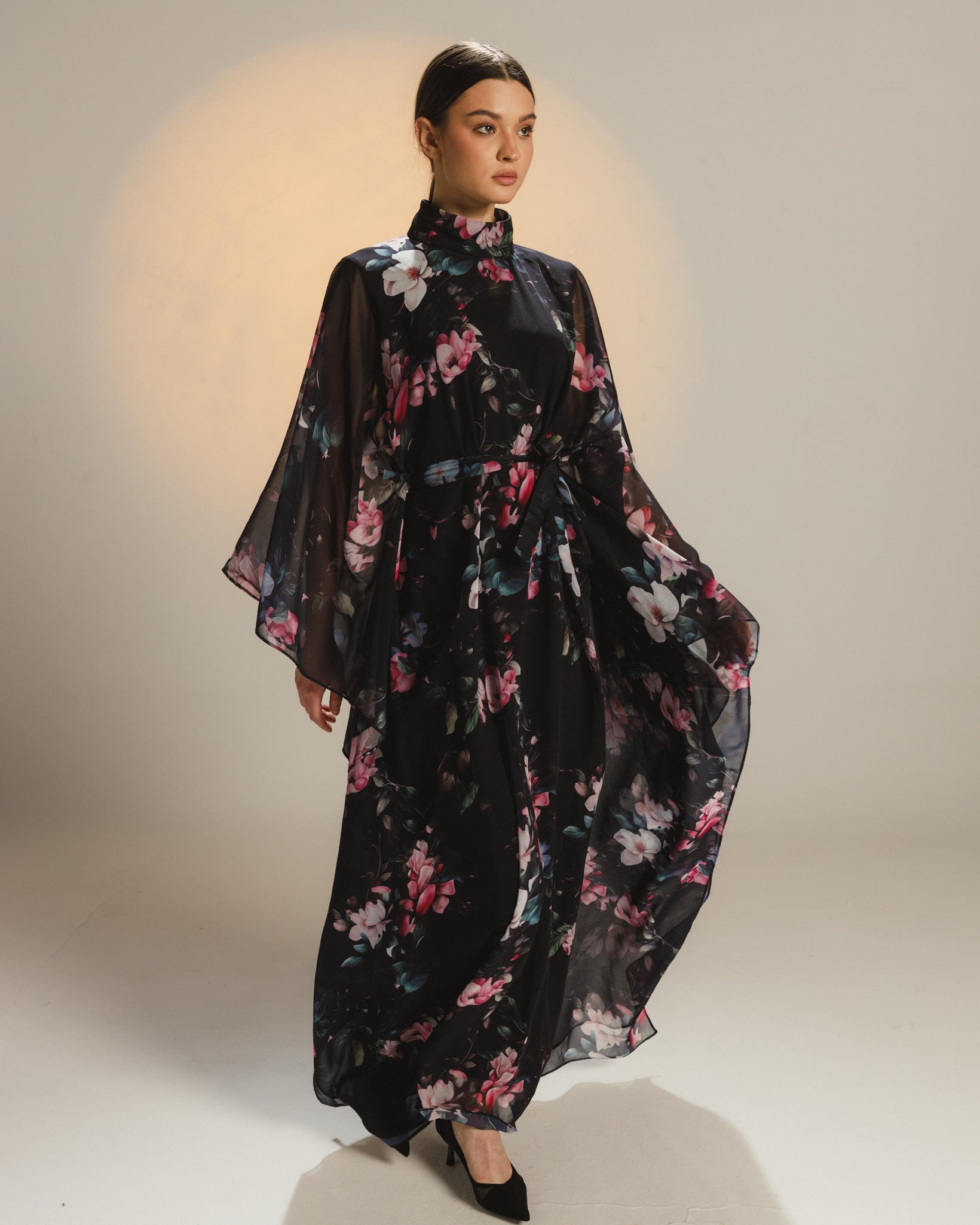 black floral cape dress