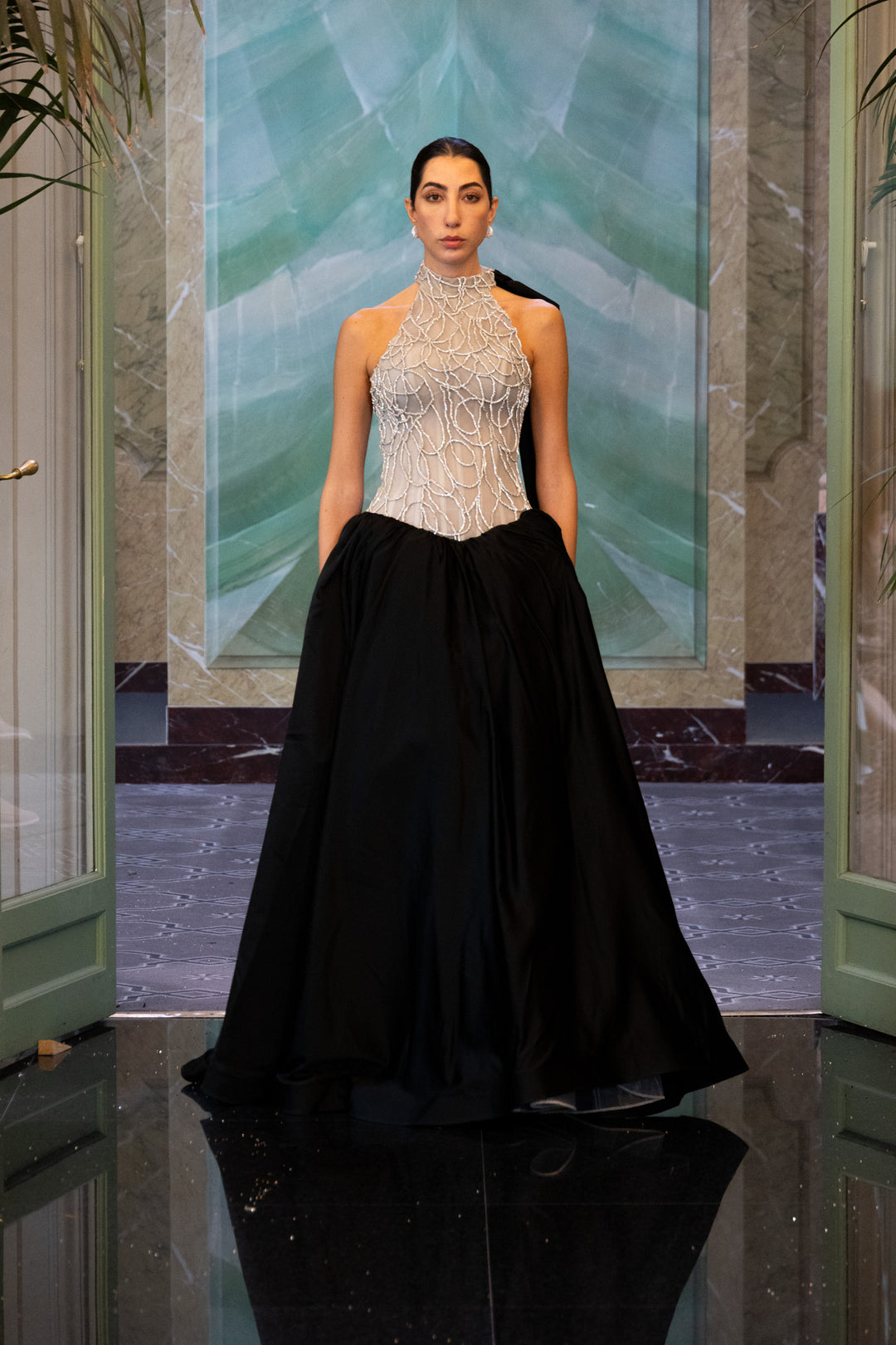 silver and black evening dress