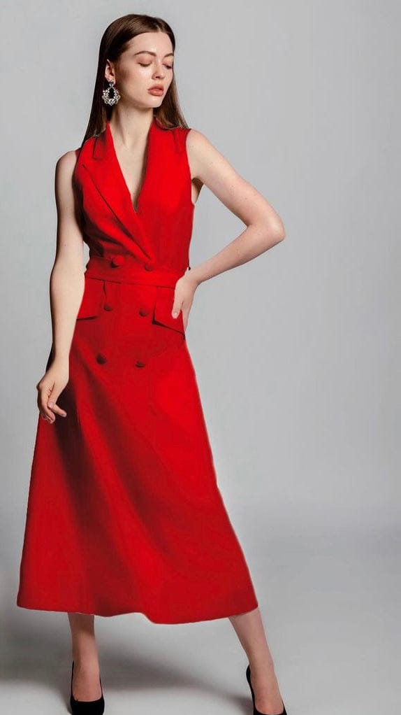 فستان جديد ميدي بستايل بليزر ذو صدر مزدوج وحزام