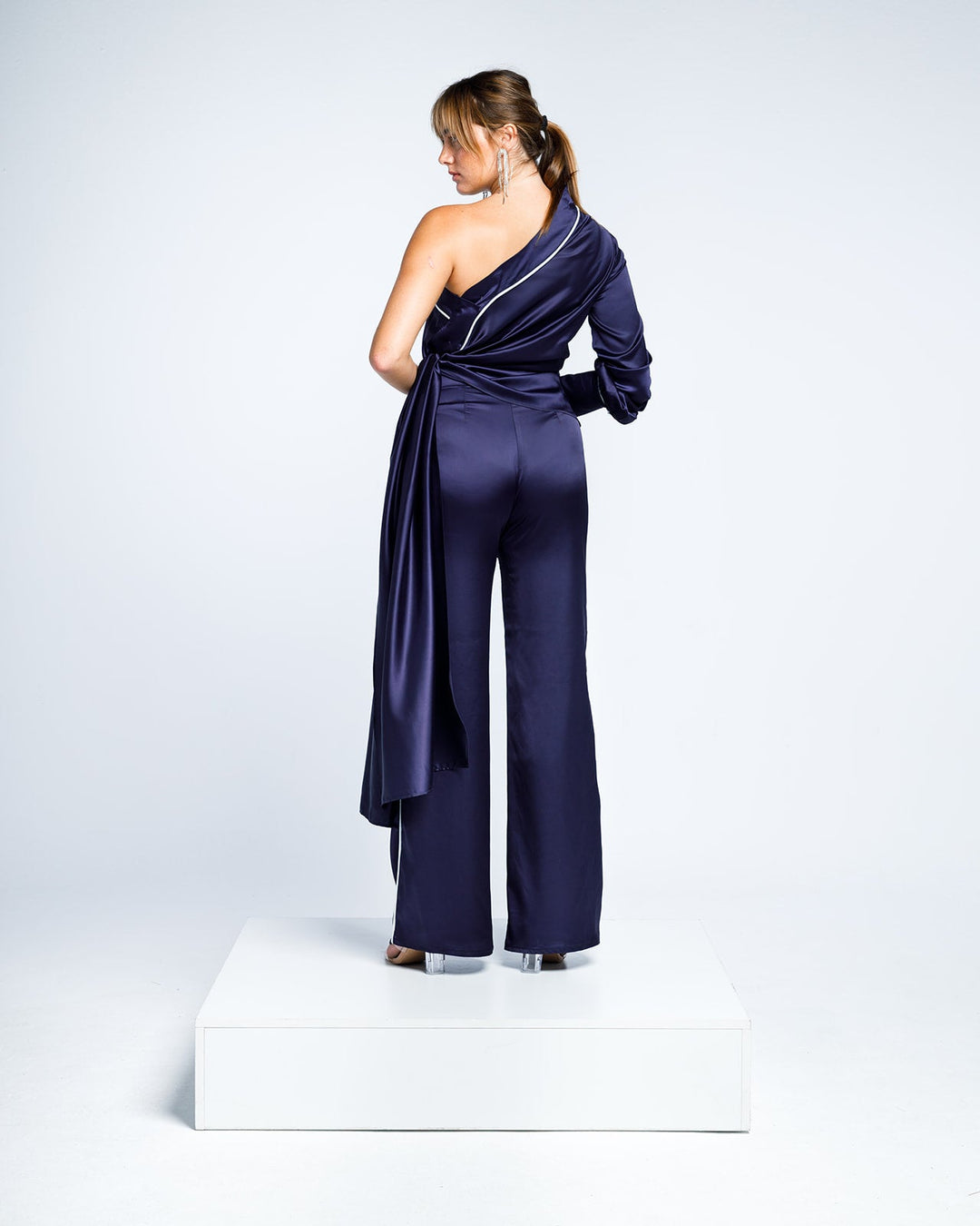 SATIN WIDE LEG PANTS WITH STRIPE IN NAVY