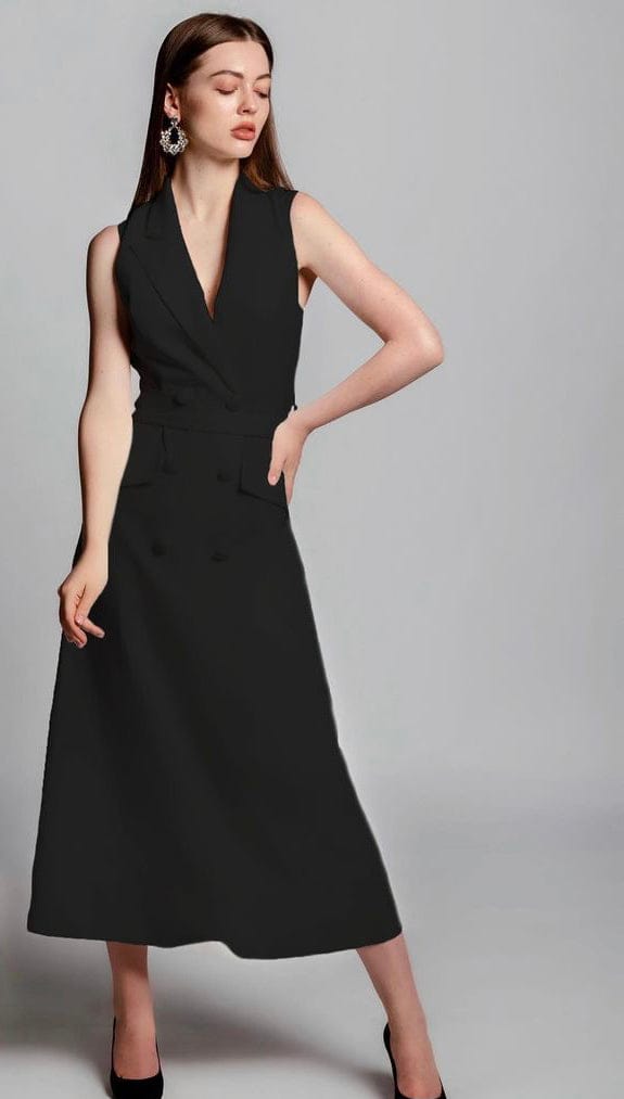 فستان جديد ميدي بستايل بليزر ذو صدر مزدوج وحزام