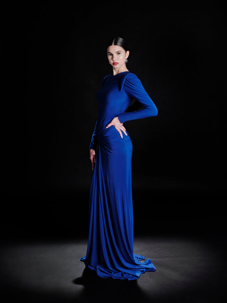 blue long dress with sleeves