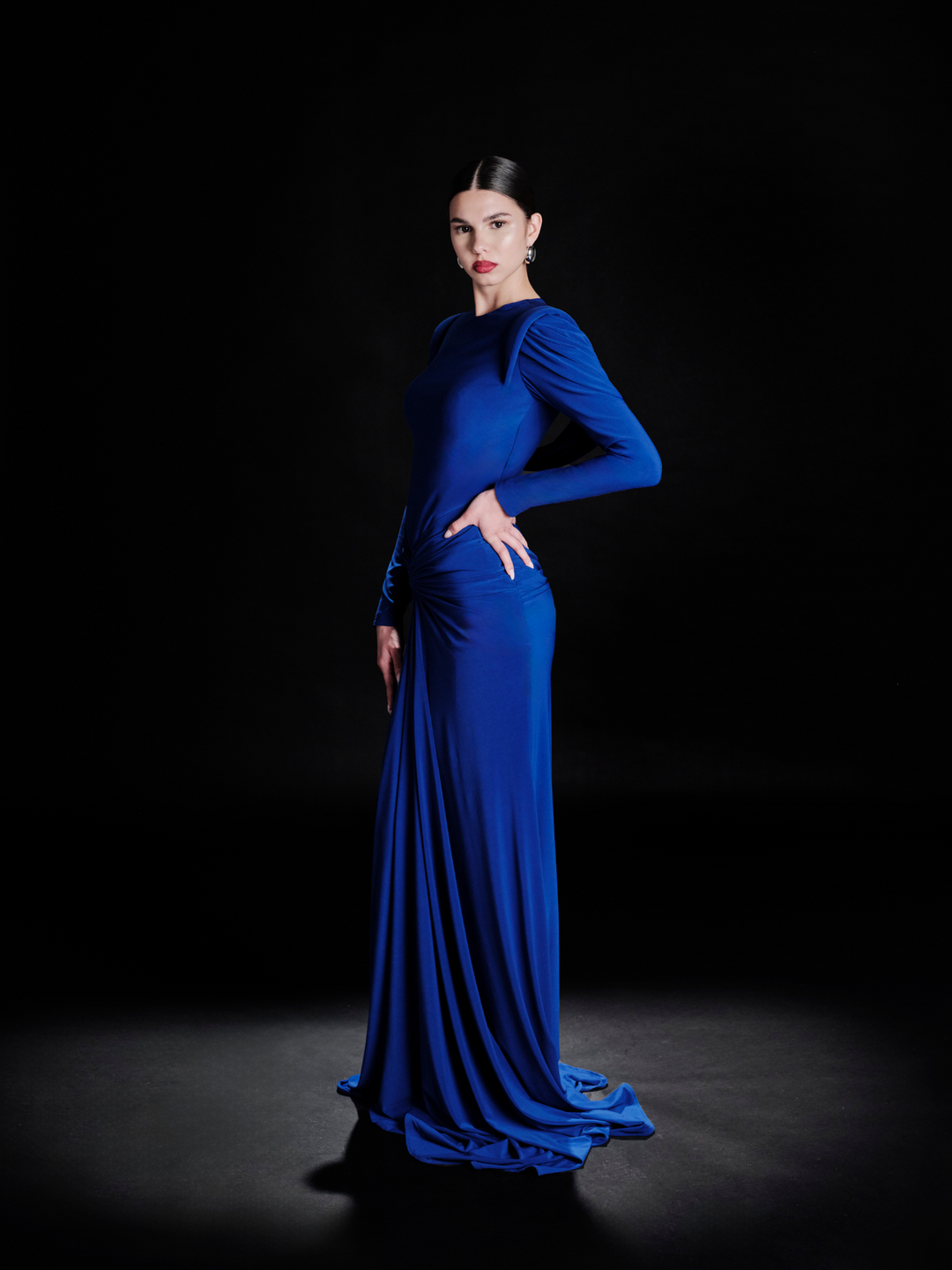 blue long dress with sleeves