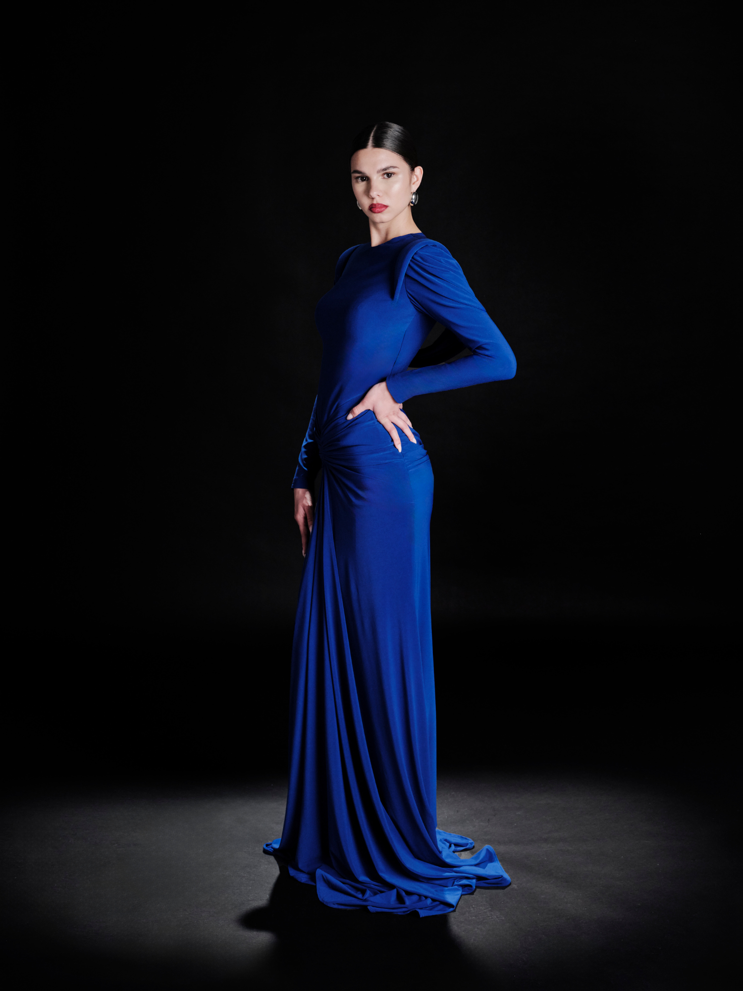 blue long dress with sleeves