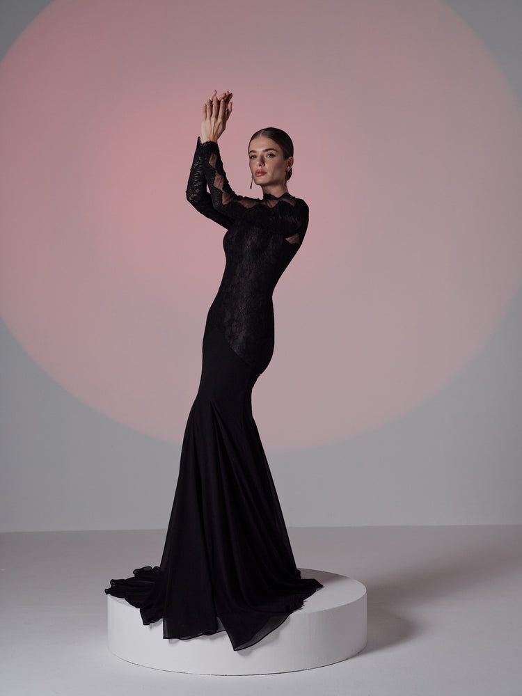 black lace overlay dress with sleeves