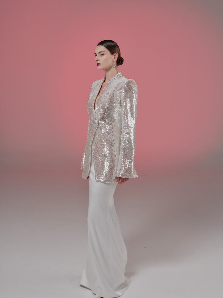 white skirt with sequins jacket