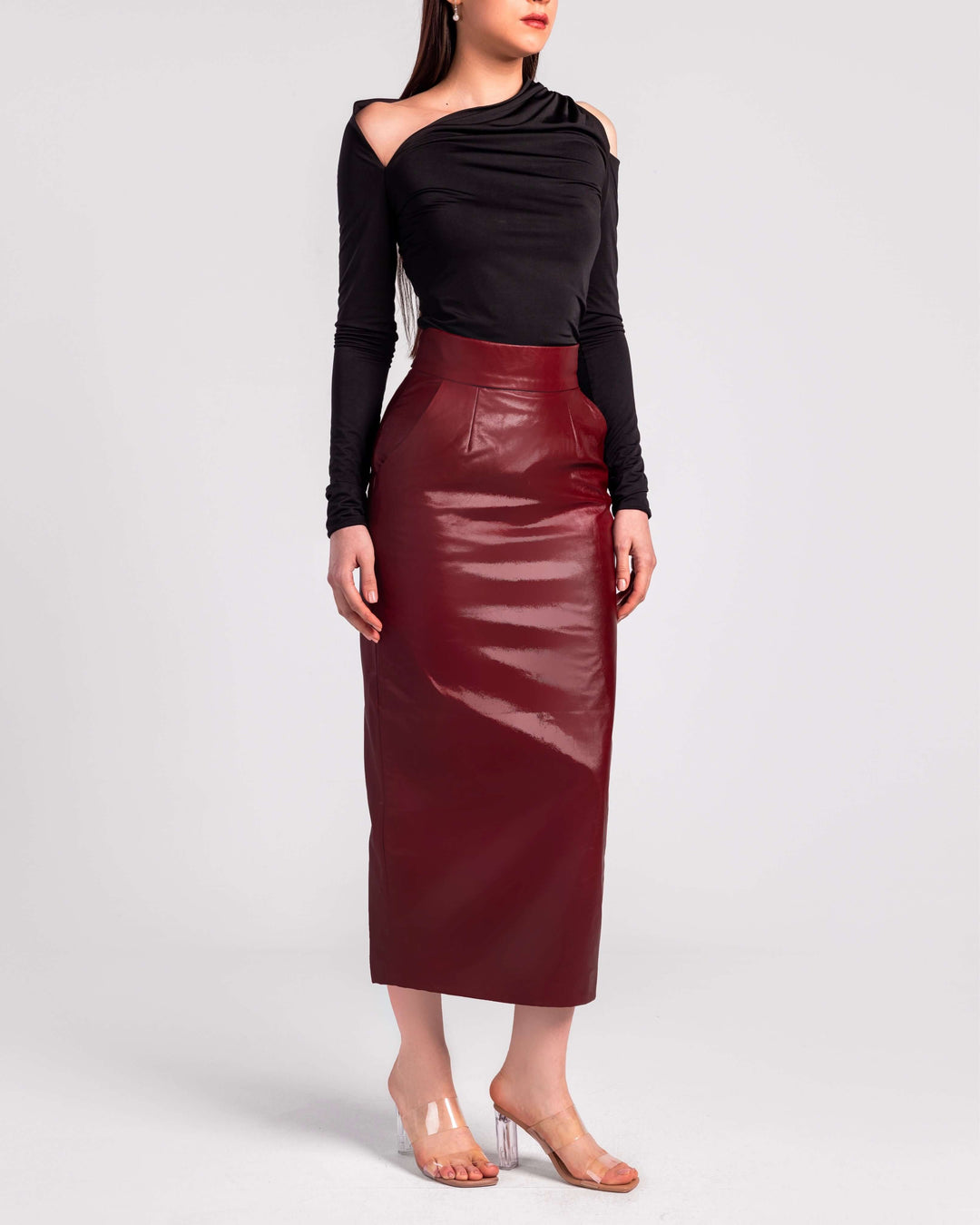High-Waist Real Leather Pencil Skirt"