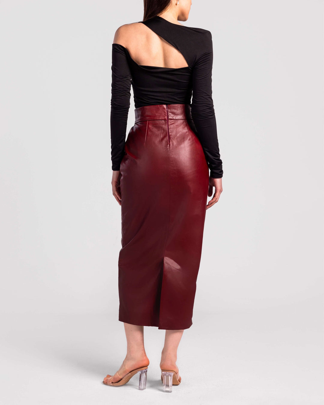 High-Waist Real Leather Pencil Skirt"