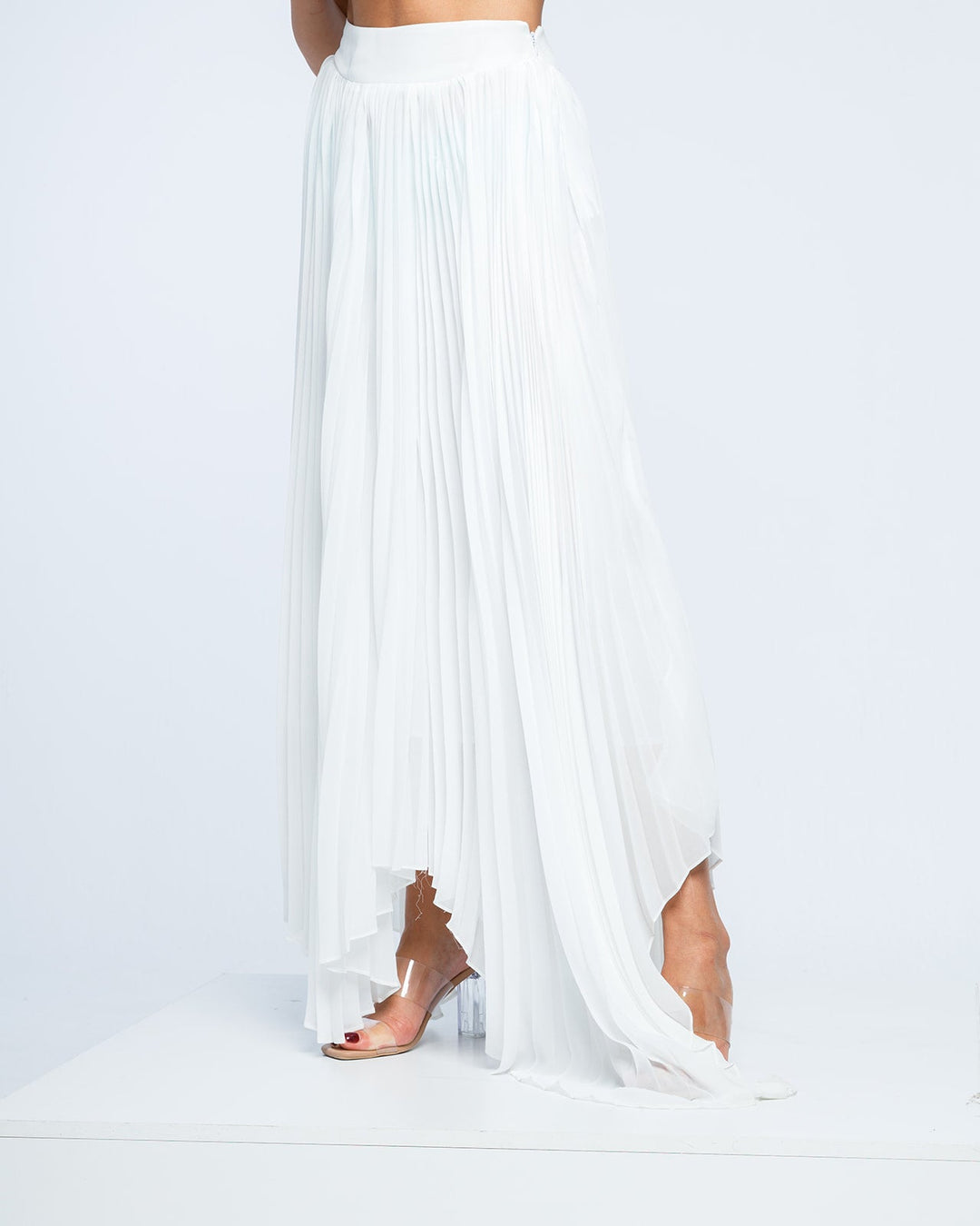 PLEATED PLISSE ASYMMETRIC MIDI SKIRT