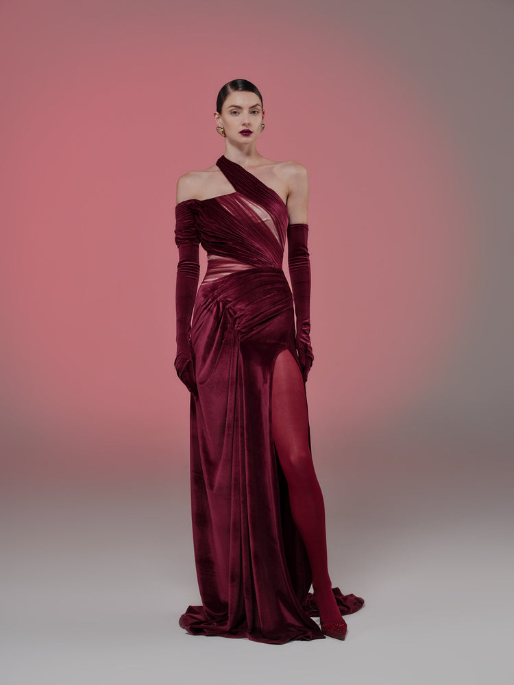 burgundy velvet off shoulder dress