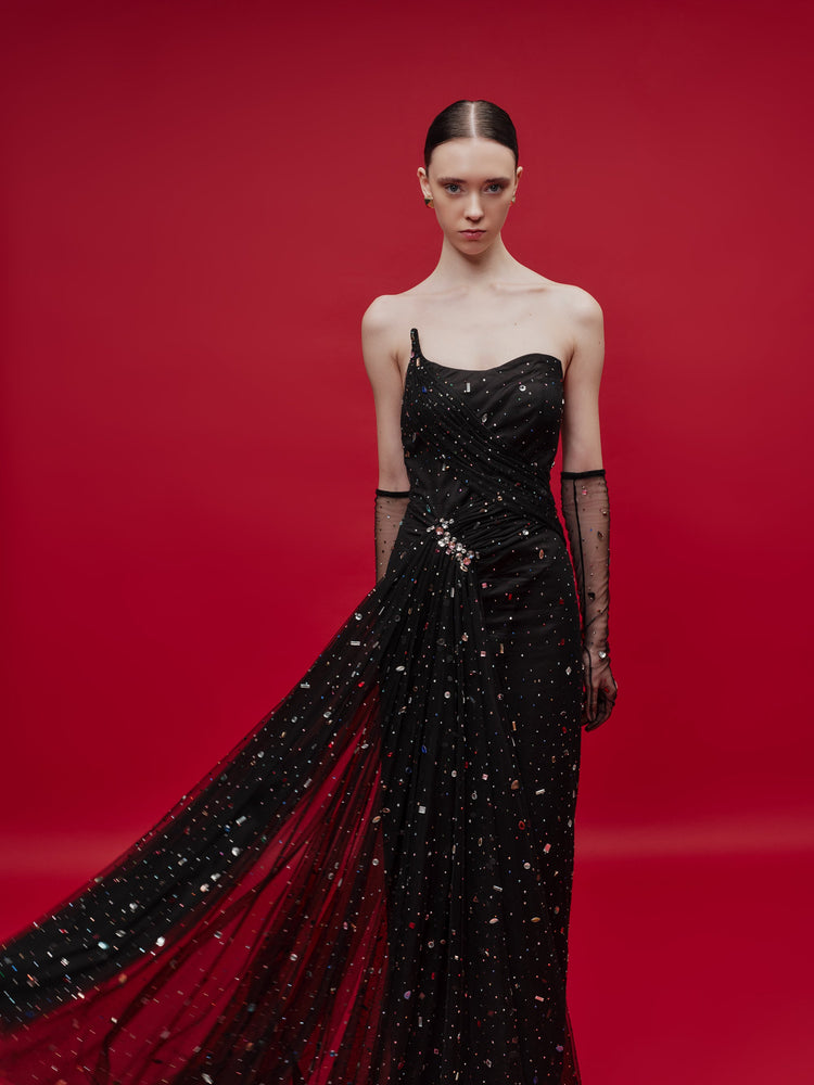 black sequin off the shoulder gown