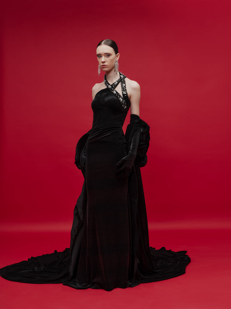 black velvet dress with gloves