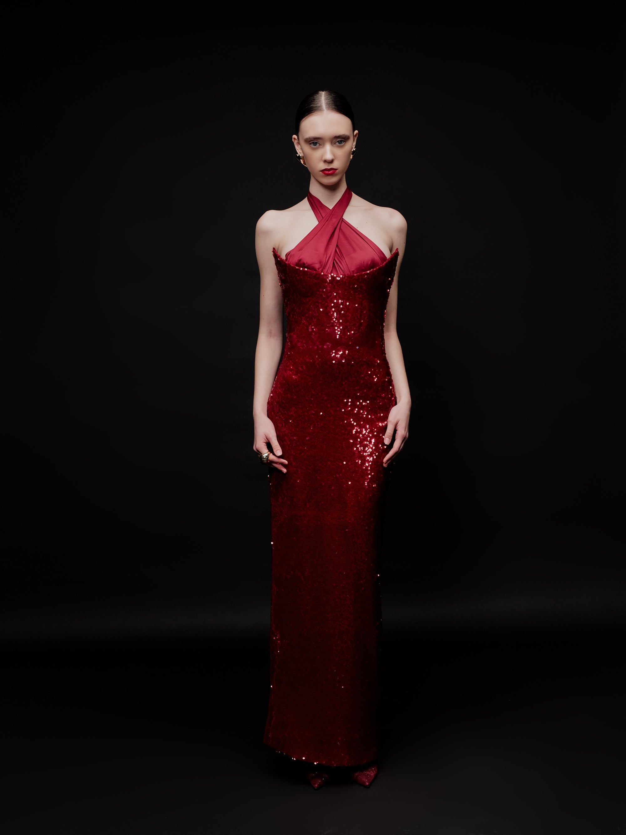 off the shoulder red sequin dress