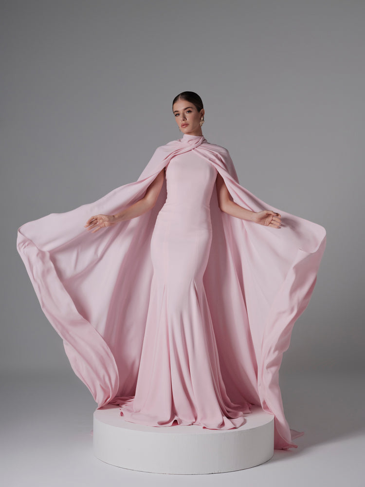 pink cape sleeve dress