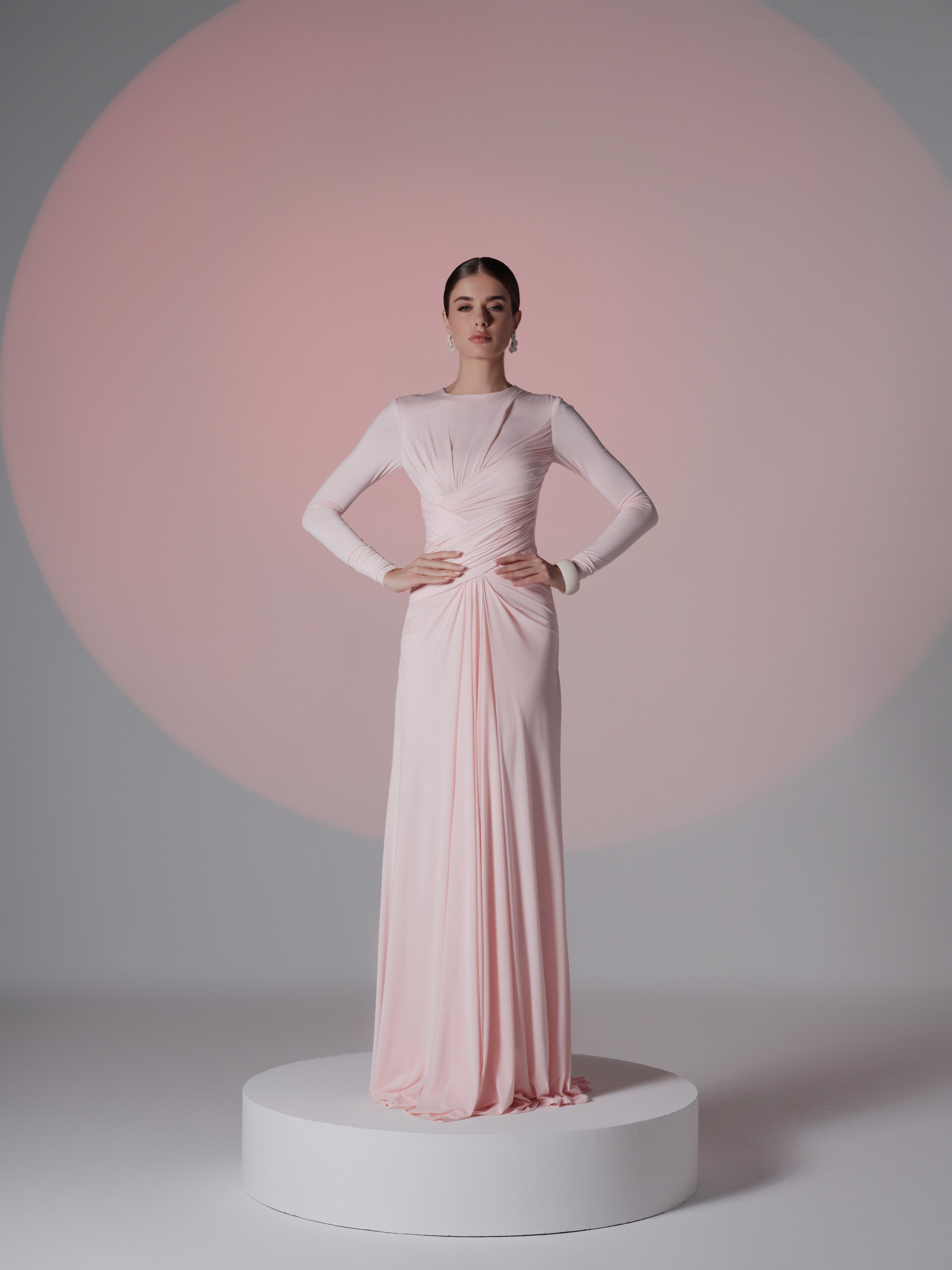 blush pink dress with sleeves