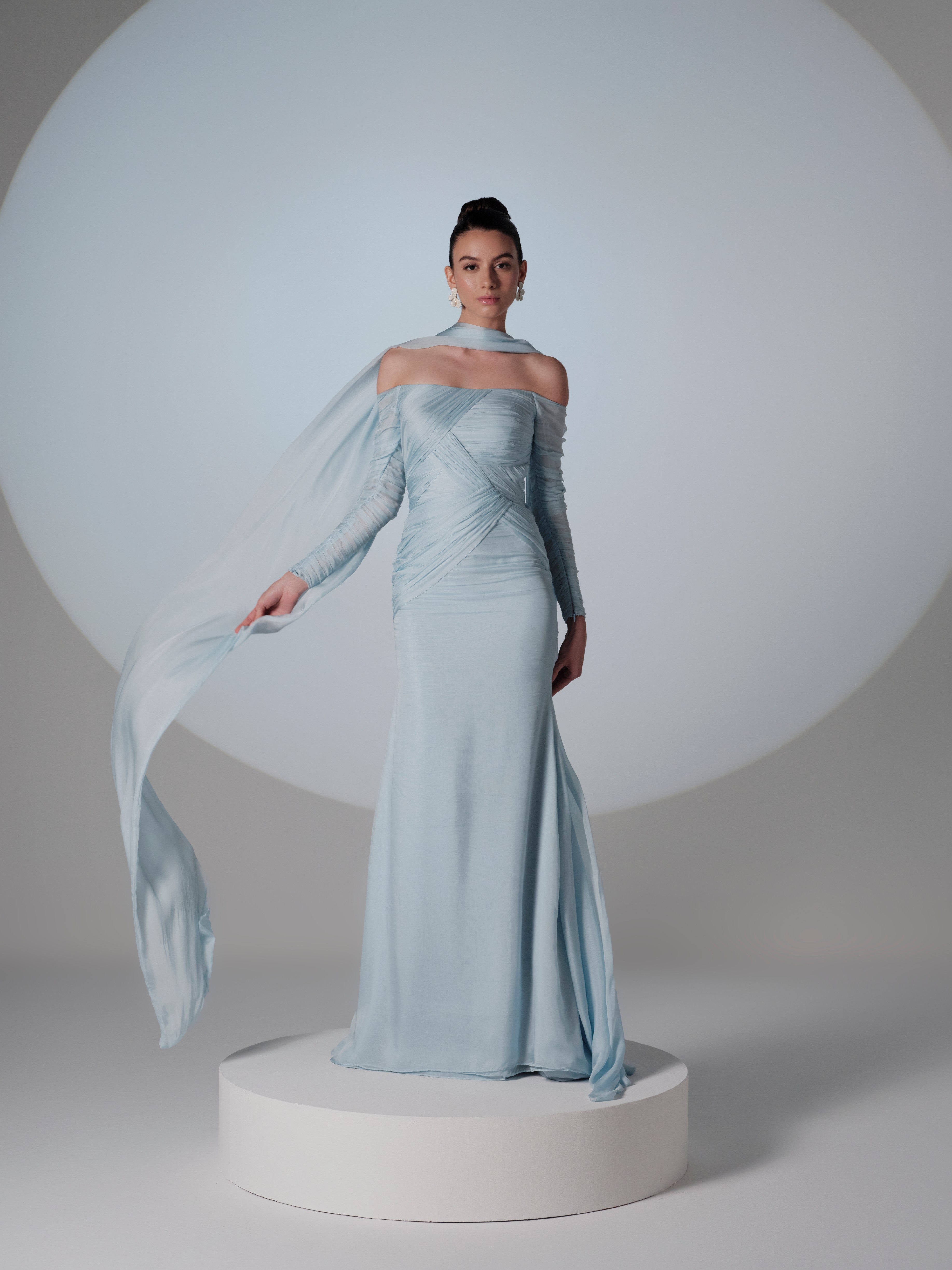 pale blue off shoulder dress