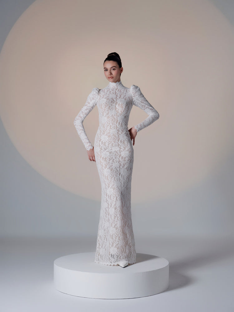 white lace dress with sleeves