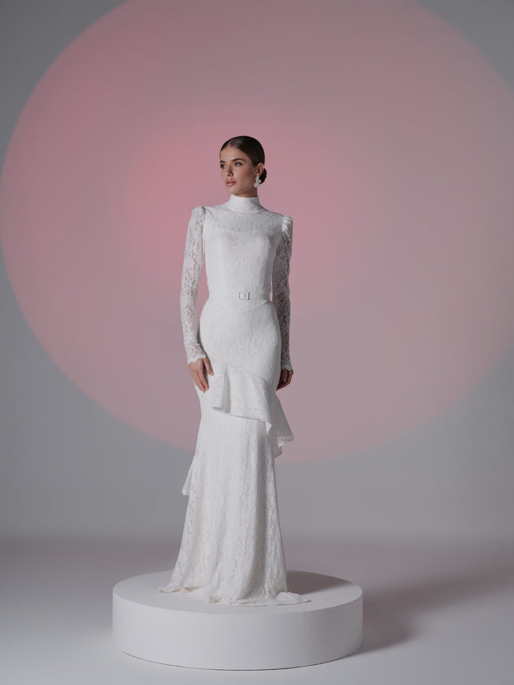 white lace dress with long sleeves