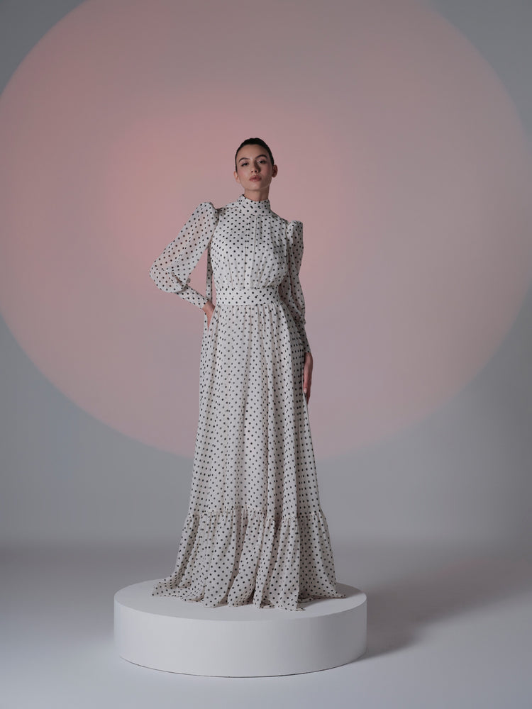 white and black polka dot dress