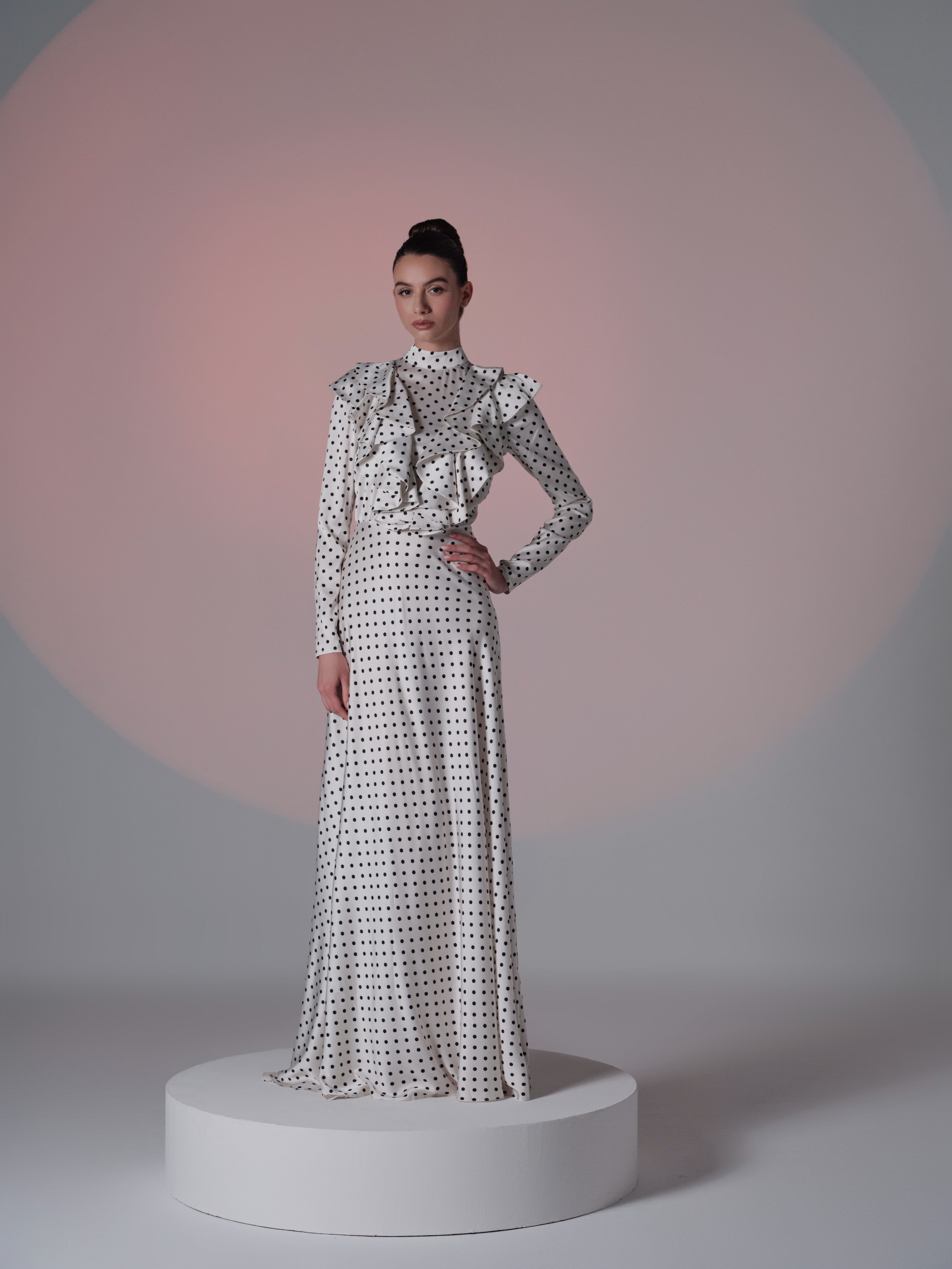 white dress with black polka dots