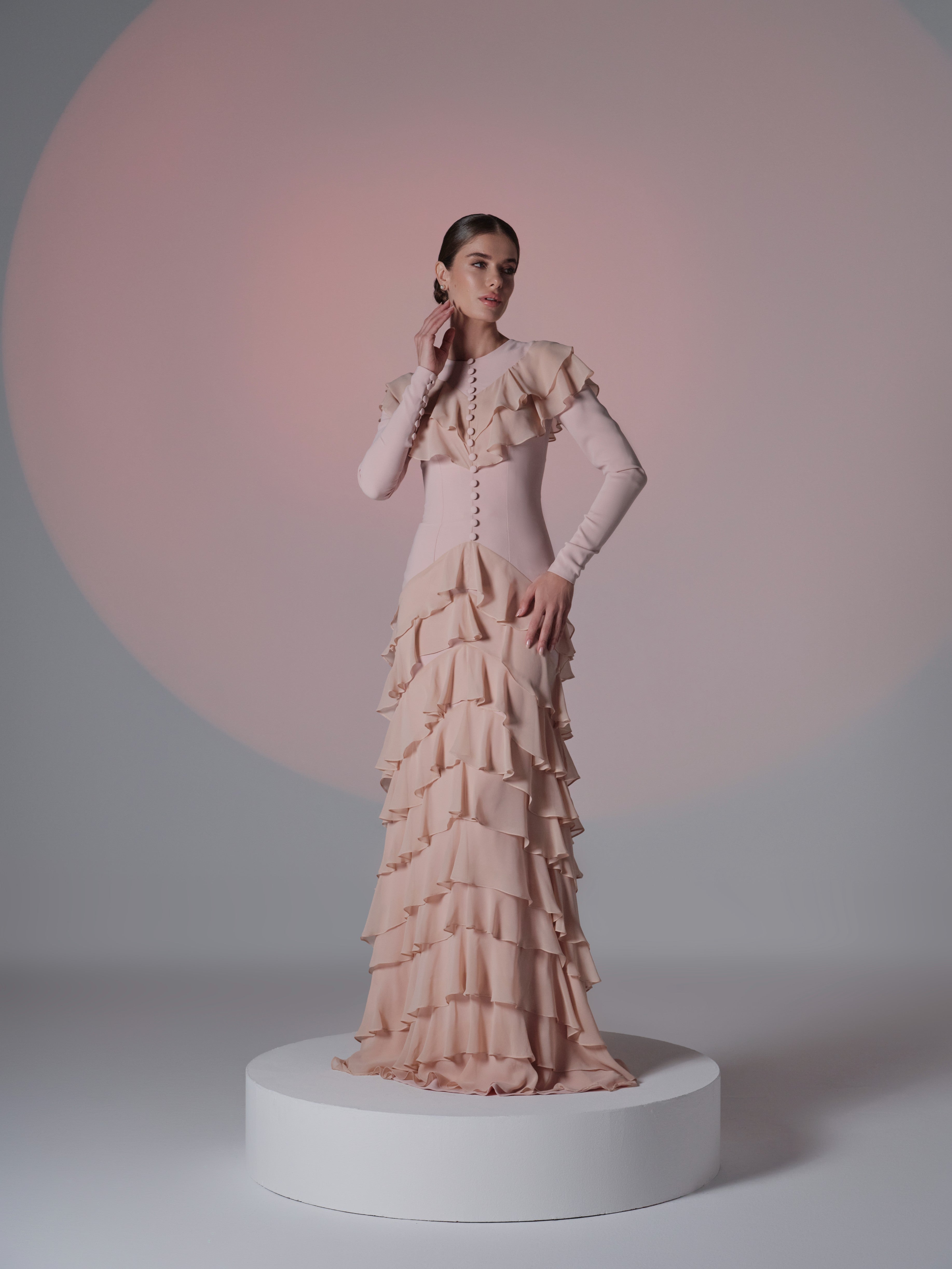 pink ruffle sleeve dress