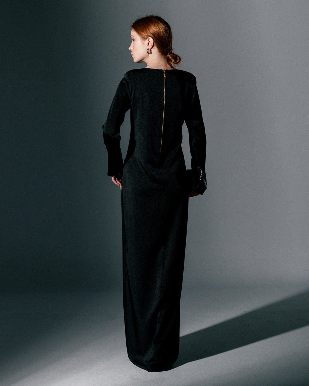 SALIA , BLACK GOWN DRESS WITH GOLDEN ZIPPER